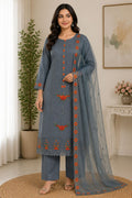 Elegant Grey Embroidered Cotton Blend Kurta Pant Set with Floral Net Dupatta for Women