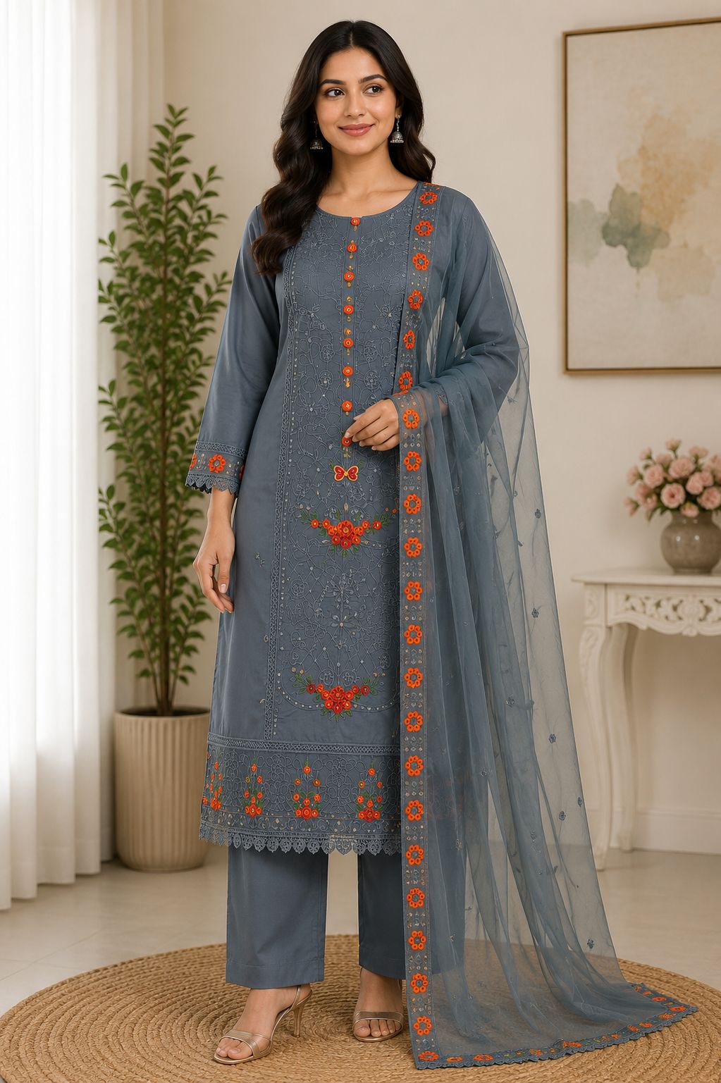 Elegant Grey Embroidered Cotton Blend Kurta Pant Set with Floral Net Dupatta for Women