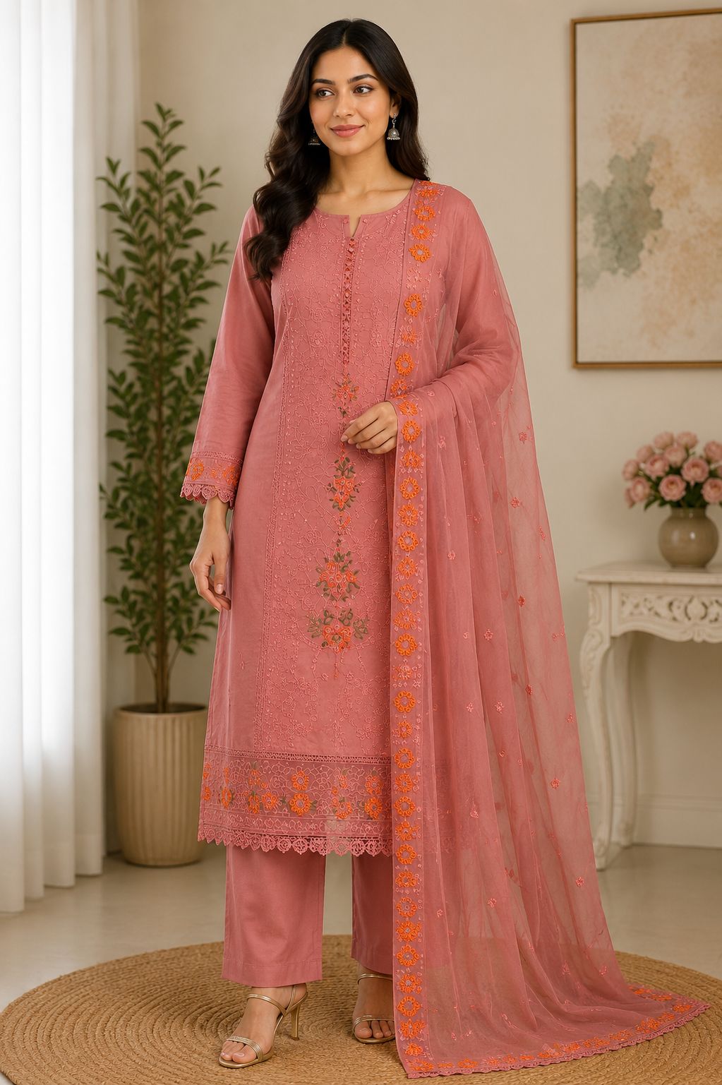 Elegant Dusty Pink Embroidered Cotton Blend Kurta Pant Set with Floral Net Dupatta for Women
