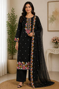 Elegant Black Floral Embroidered Cotton Blend Kurta Pant Set with Designer Net Dupatta for Women