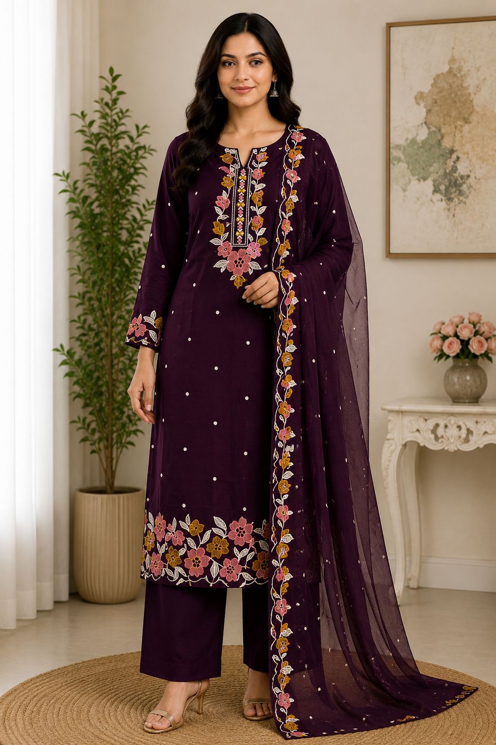 Elegant Wine Purple Floral Embroidered Cotton Blend Kurta Pant Set with Designer Net Dupatta for Women