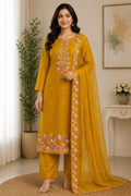 Elegant Mustard Yellow Floral Embroidered Cotton Blend Kurta Pant Set with Designer Net Dupatta for Women