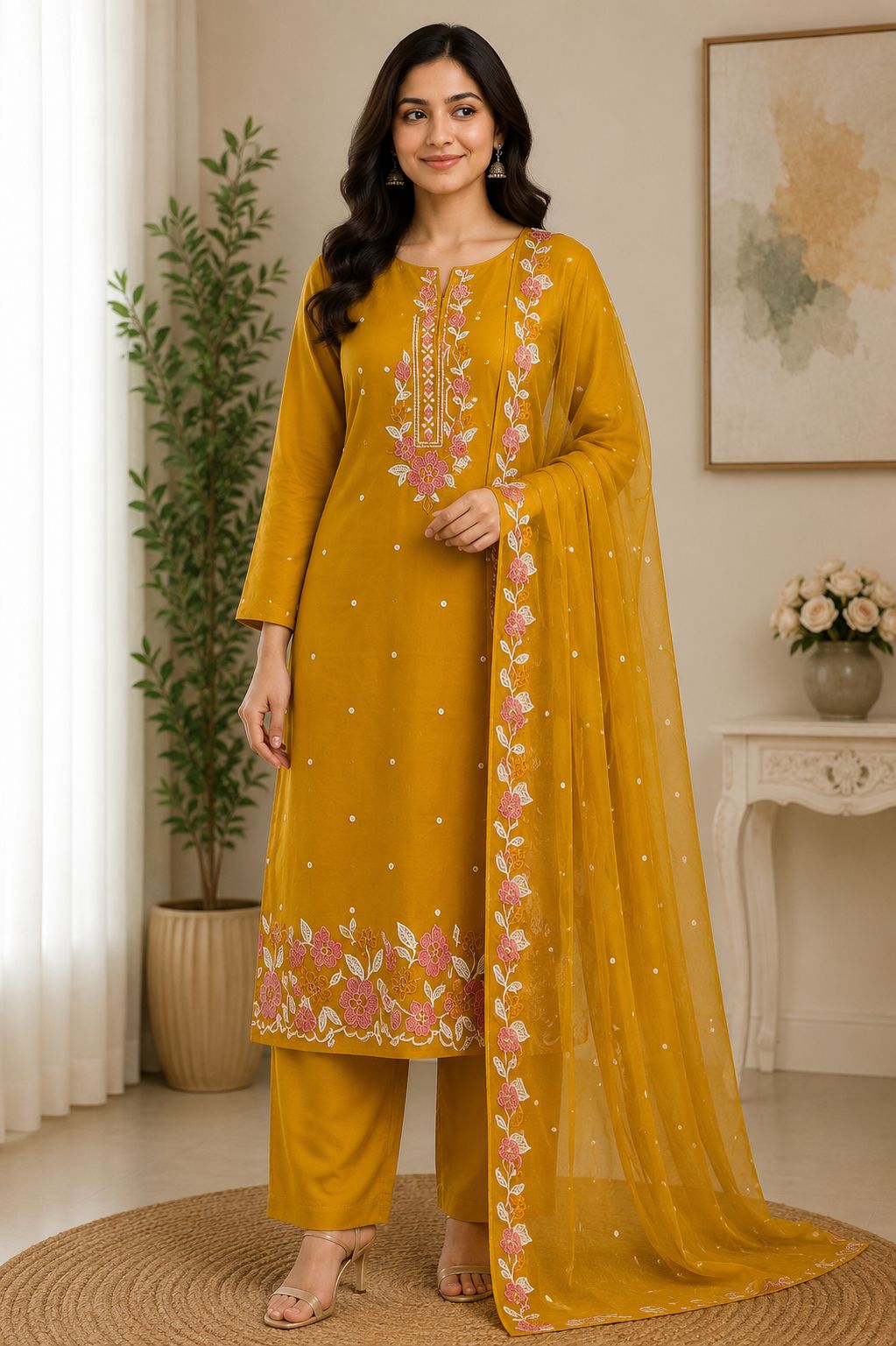 Elegant Mustard Yellow Floral Embroidered Cotton Blend Kurta Pant Set with Designer Net Dupatta for Women