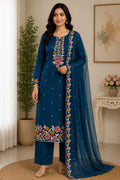 Elegant Teal Floral Embroidered Kurta Pant Set with Net Dupatta