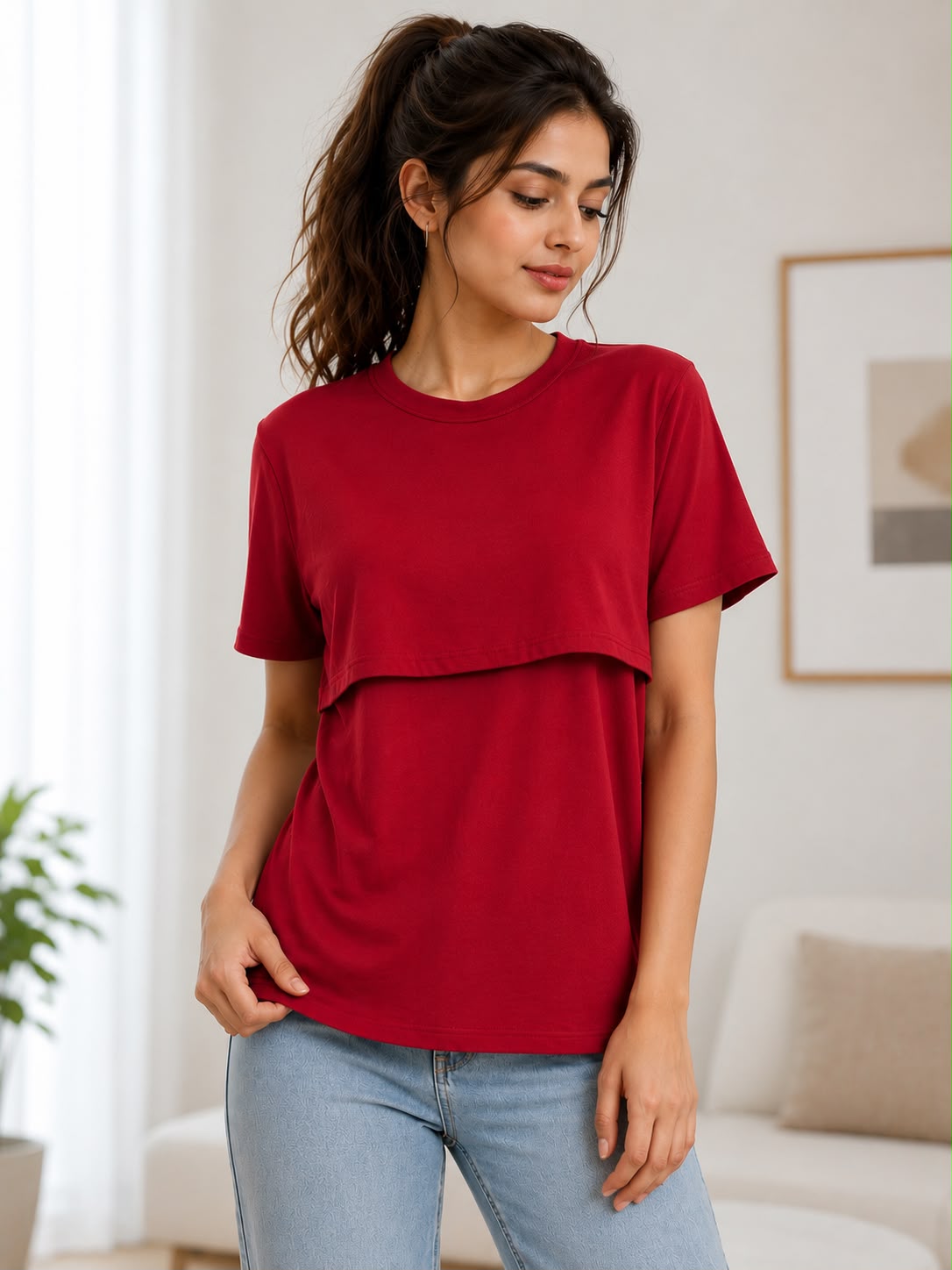 Women's Solid Maroon Maternity & Nursing Feeding T-Shirt – Soft Cotton Comfort Wear