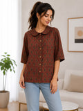 Women's Brown Ethnic Printed Peter Pan Collar Button-Down Top – Elegant Casual Wear