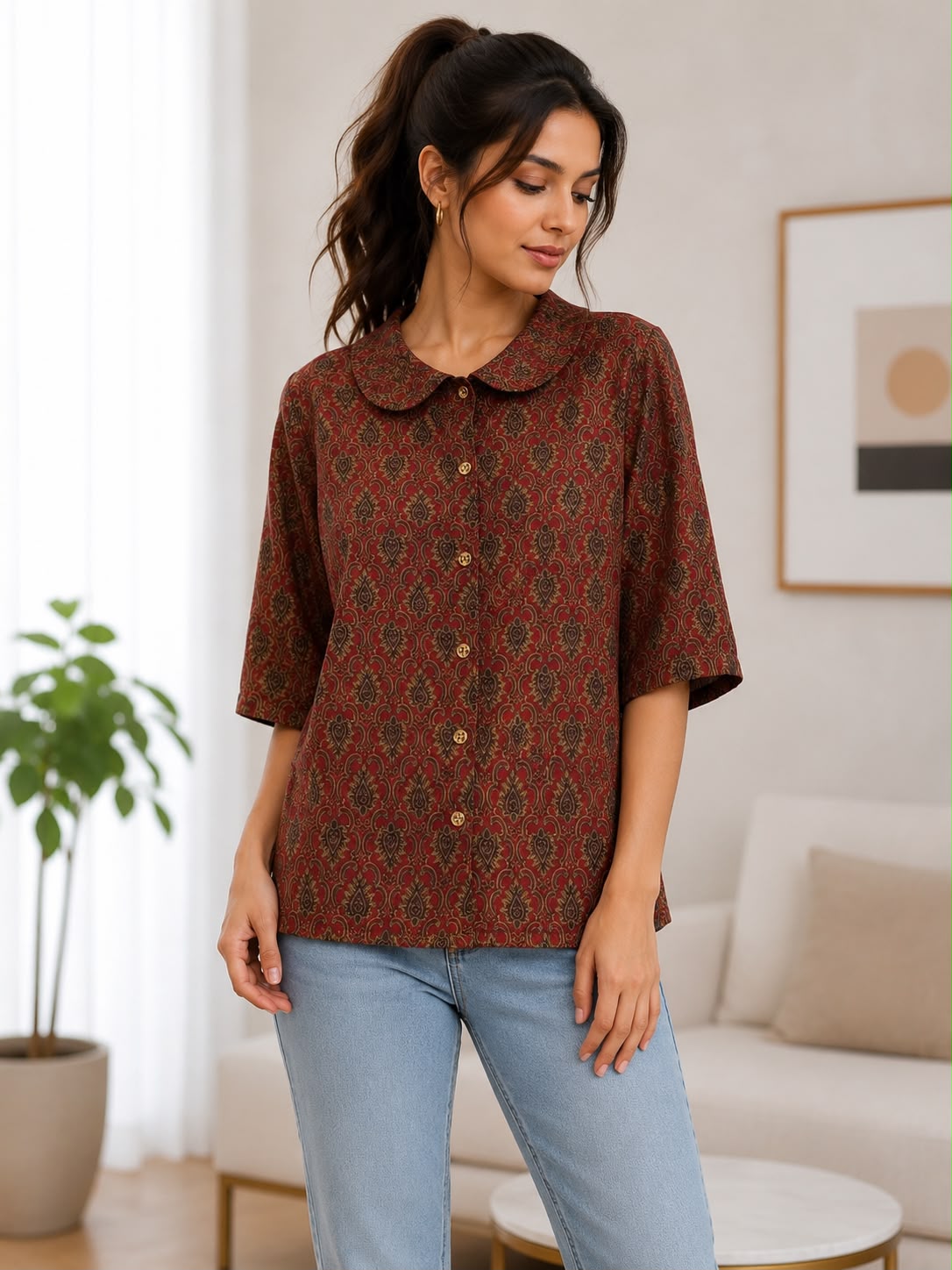 Women's Brown Ethnic Printed Peter Pan Collar Button-Down Top – Elegant Casual Wear