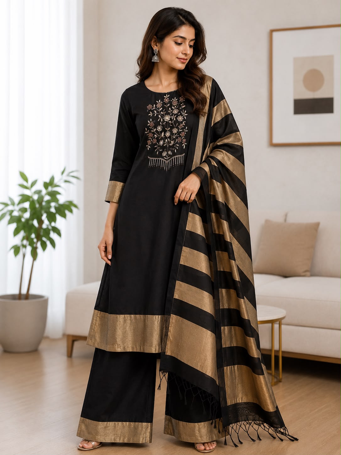 Women's Black Embroidered Kurta Palazzo Set with Striped Dupatta – Ethnic Festive Wear