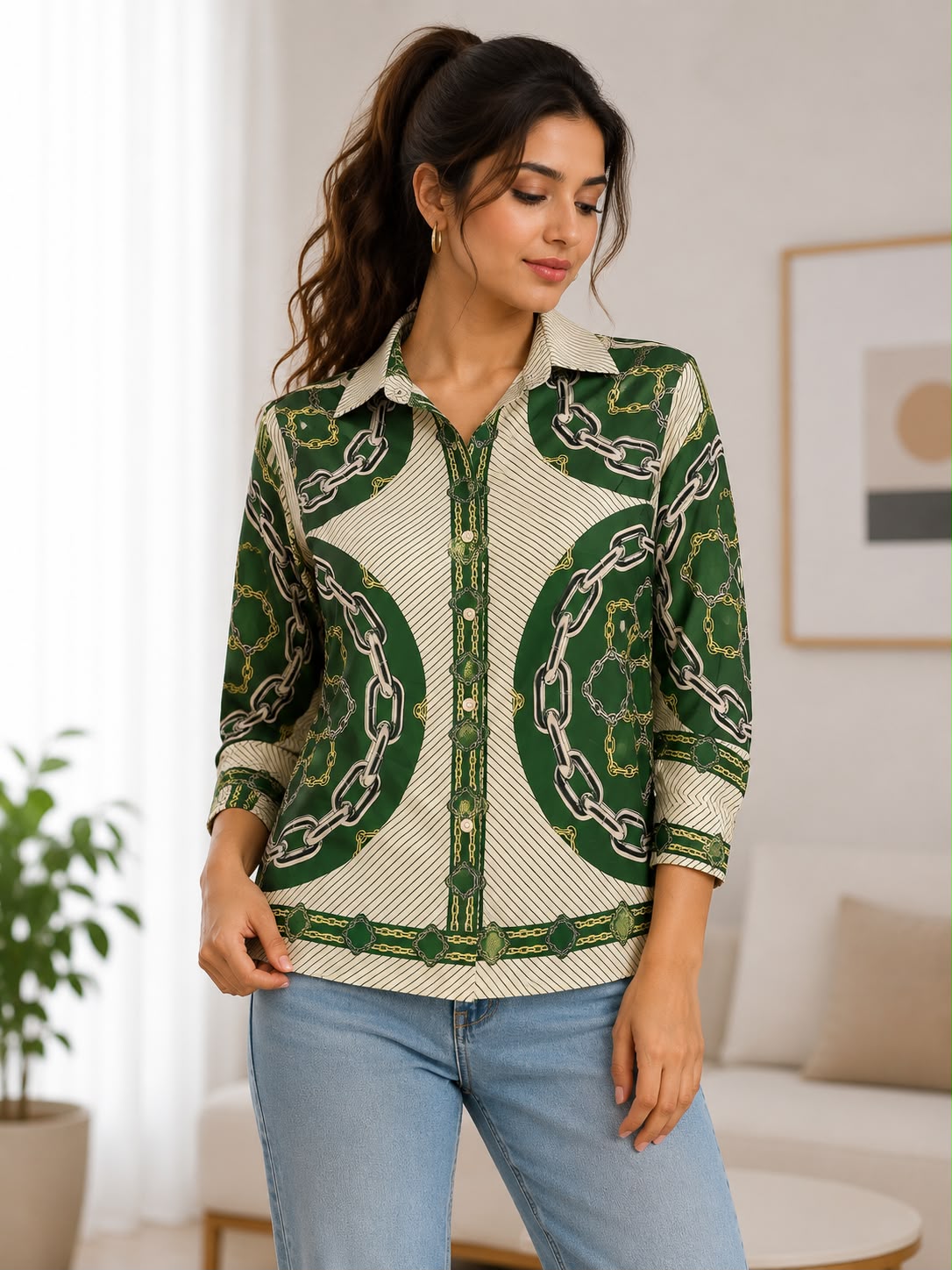 Women's Green Chain Print Collared Button-Down Shirt – Elegant Casual Top