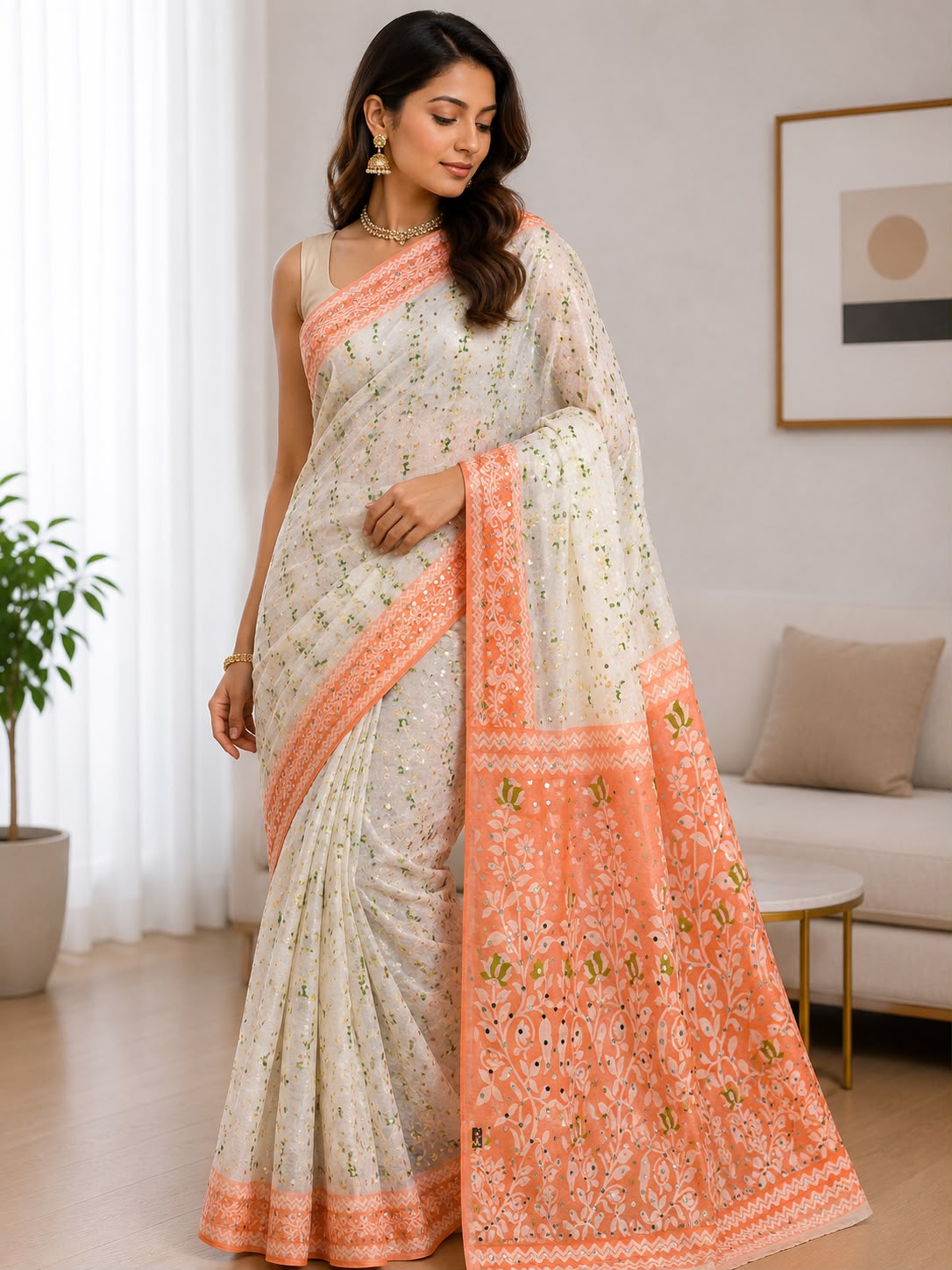 Women's Off-White Floral Printed Saree with Peach Woven Border – Elegant Ethnic Wear
