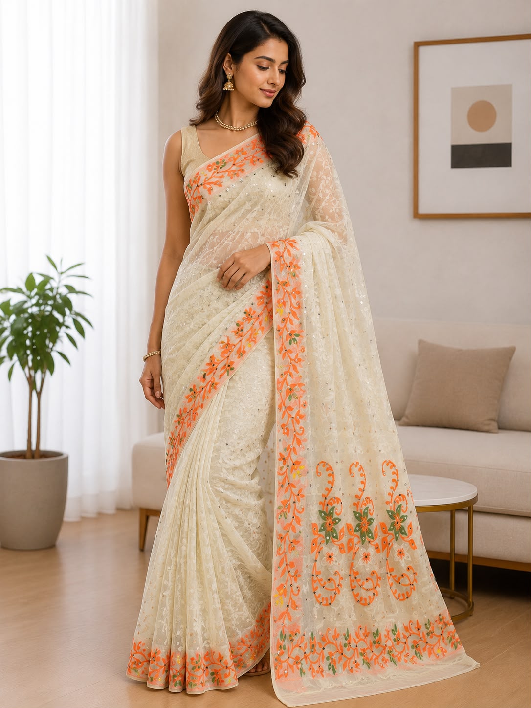 Women's Ivory Embroidered Organza Saree with Orange Floral Border – Elegant Party & Festive Wear