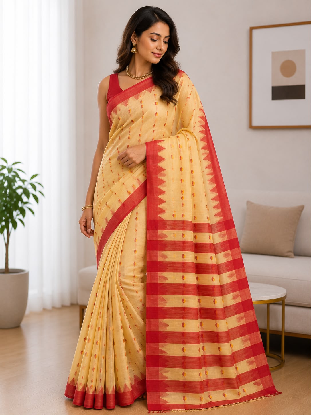 Women's Mustard Yellow Handloom Style Saree with Red Woven Border – Traditional Ethnic Wear