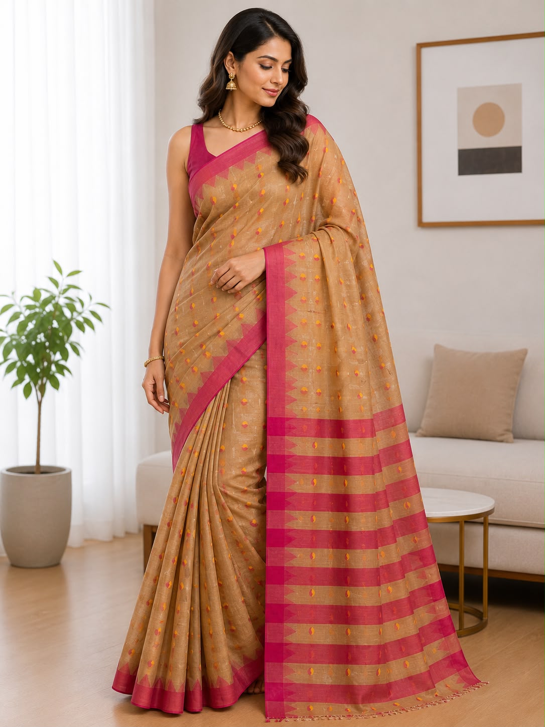Women's Coffee Brown Handloom Style Saree with Magenta Woven Border – Traditional Ethnic Wear