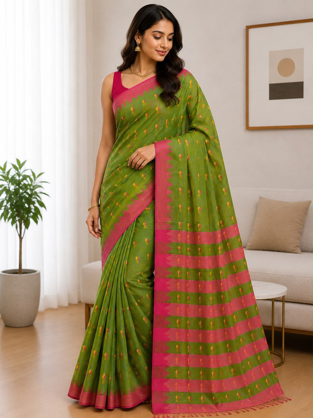 Women's Olive Green Handloom Style Saree with Pink Woven Border – Traditional Ethnic Wear