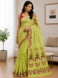 Women's Lime Green Embroidered Saree with Floral Border – Elegant Festive Ethnic Wear
