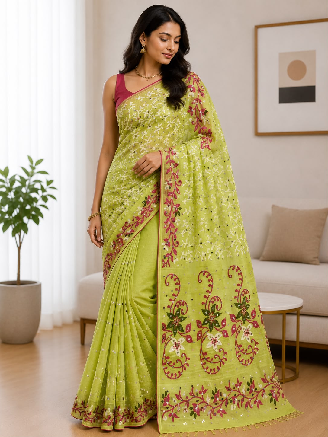 Women's Lime Green Embroidered Saree with Floral Border – Elegant Festive Ethnic Wear