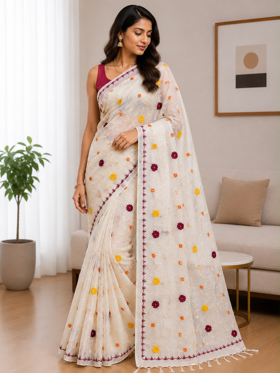 Ivory Floral Embroidered Cotton Saree with Elegant Maroon Border