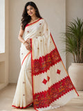 Elegant Off-White Cotton Saree with Traditional Red Temple Border