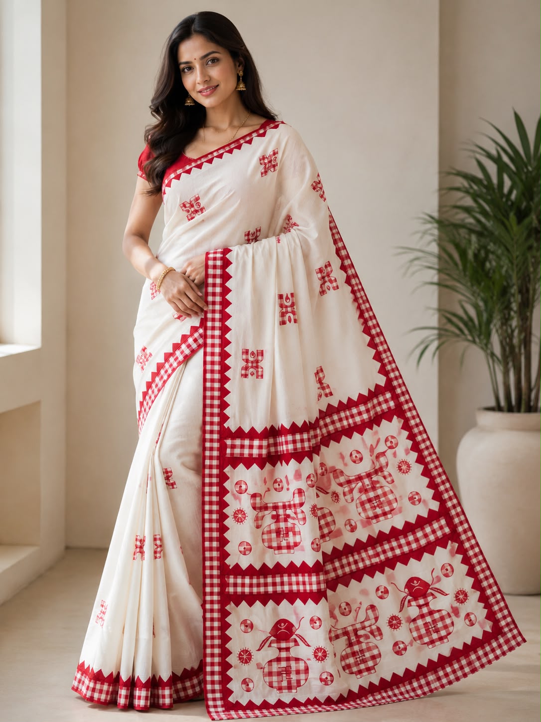 Off-White Cotton Saree with Red Traditional Motif Border