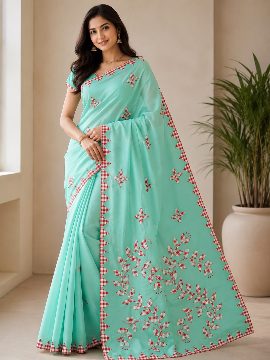 Aqua Blue Cotton Saree with Checked Floral Embroidered Border