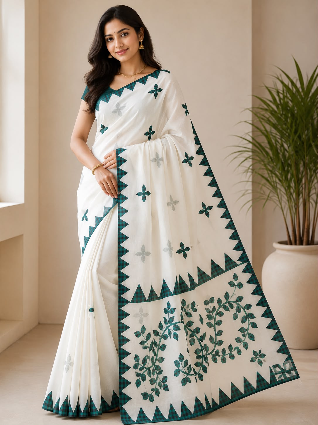 Off-White Cotton Saree with Teal Floral Embroidered Border