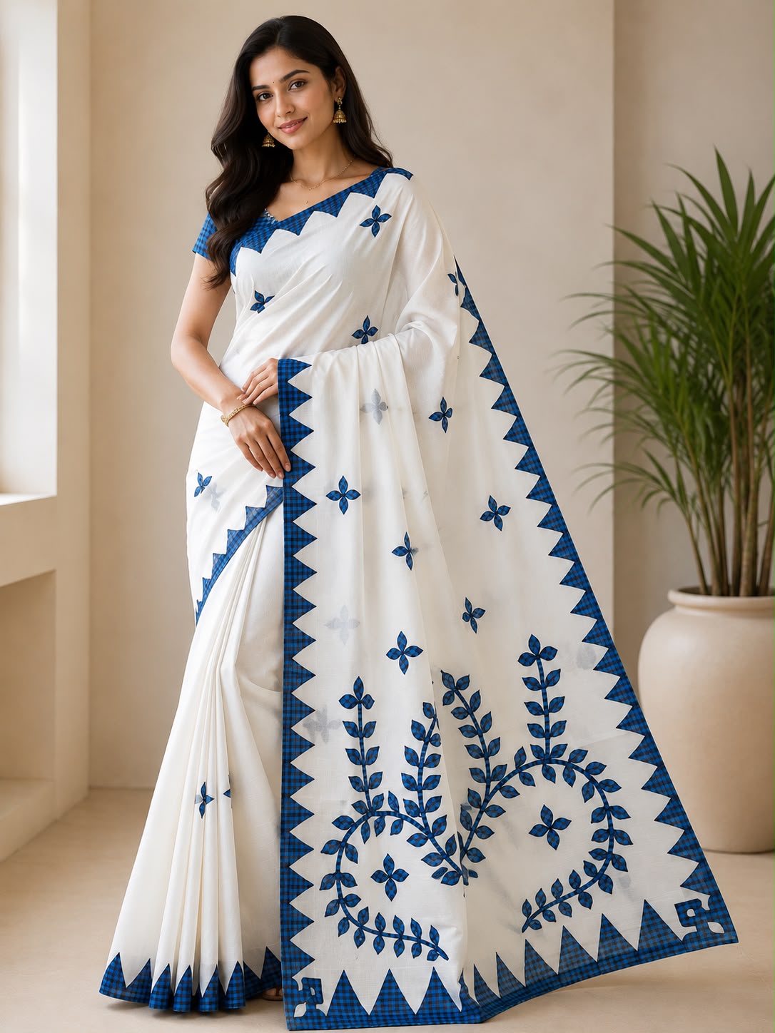 Off-White Cotton Saree with Royal Blue Floral Embroidered Border