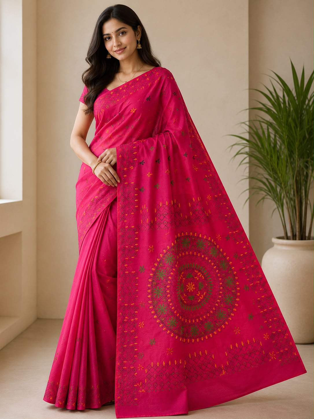 Rani Pink Cotton Saree with Traditional Mandala Printed Pallu