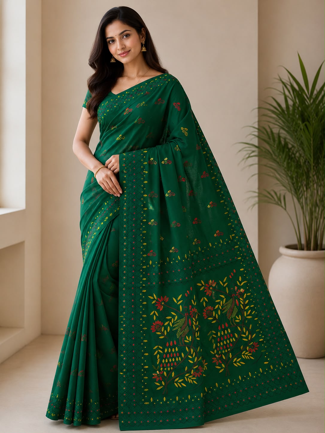 Emerald Green Cotton Saree with Floral Printed Pallu