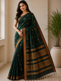 Dark Green Cotton Saree with Elegant Gold Woven Border