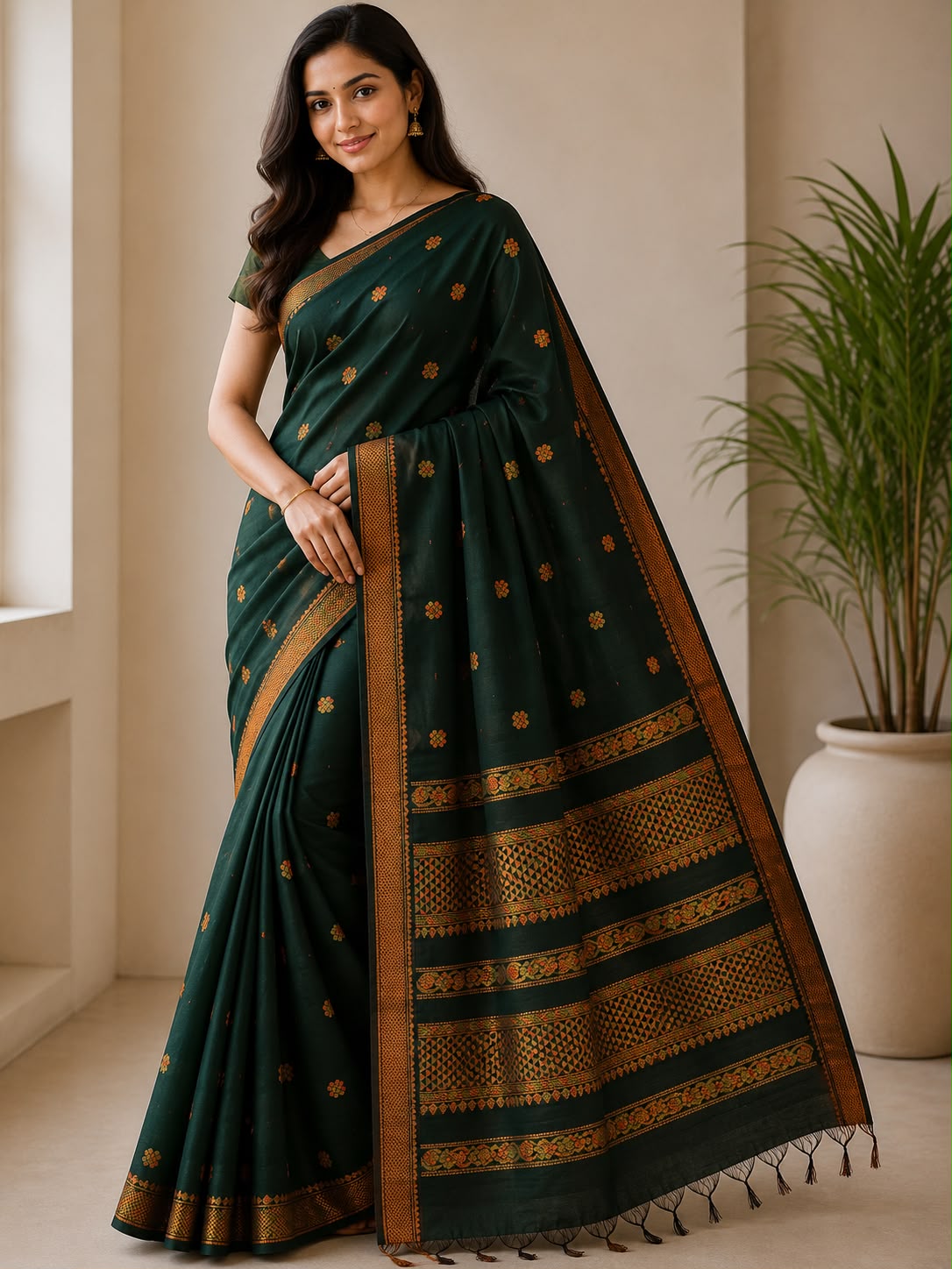 Dark Green Cotton Saree with Elegant Gold Woven Border