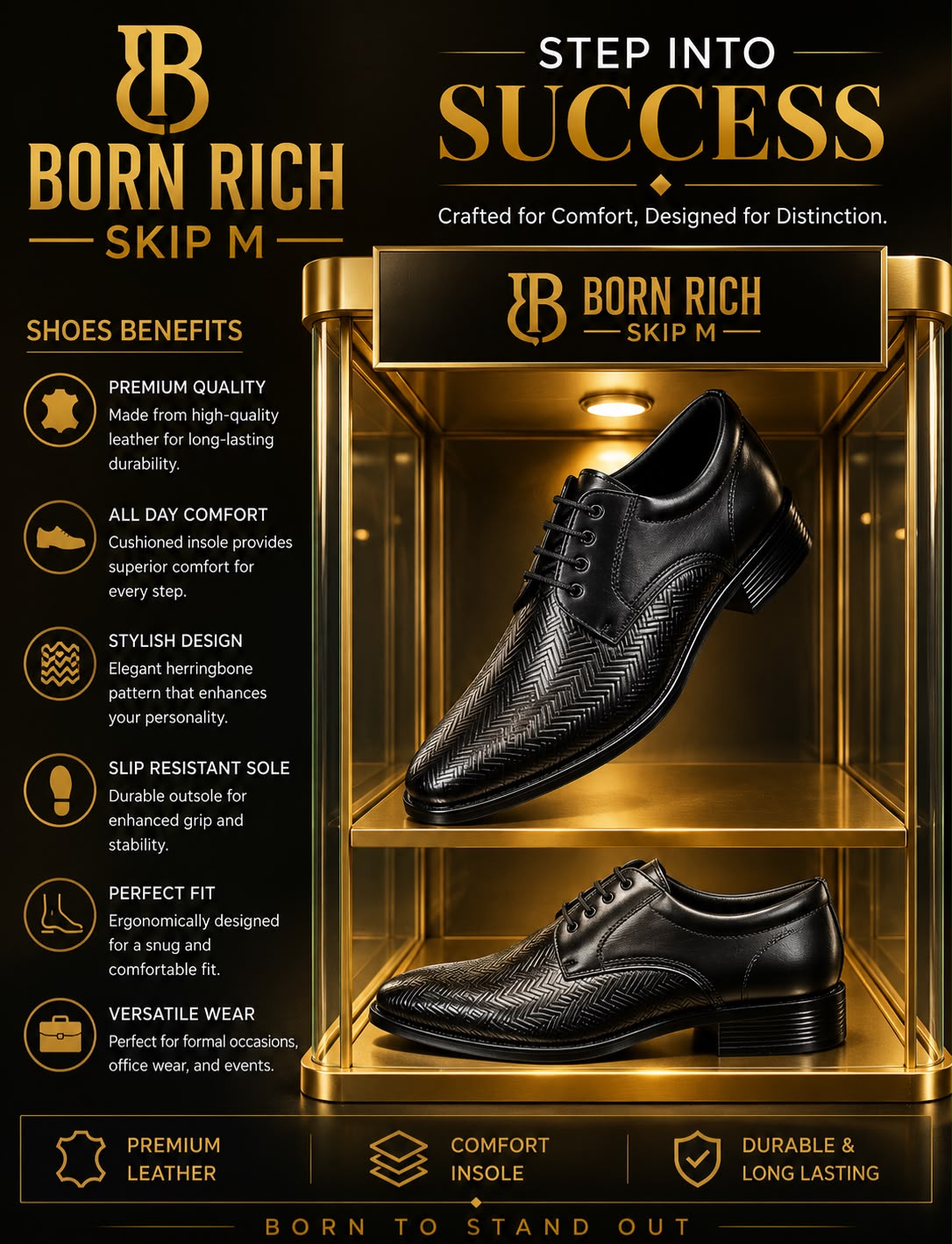 Born Rich Skip M Premium Black Leather Formal Shoes