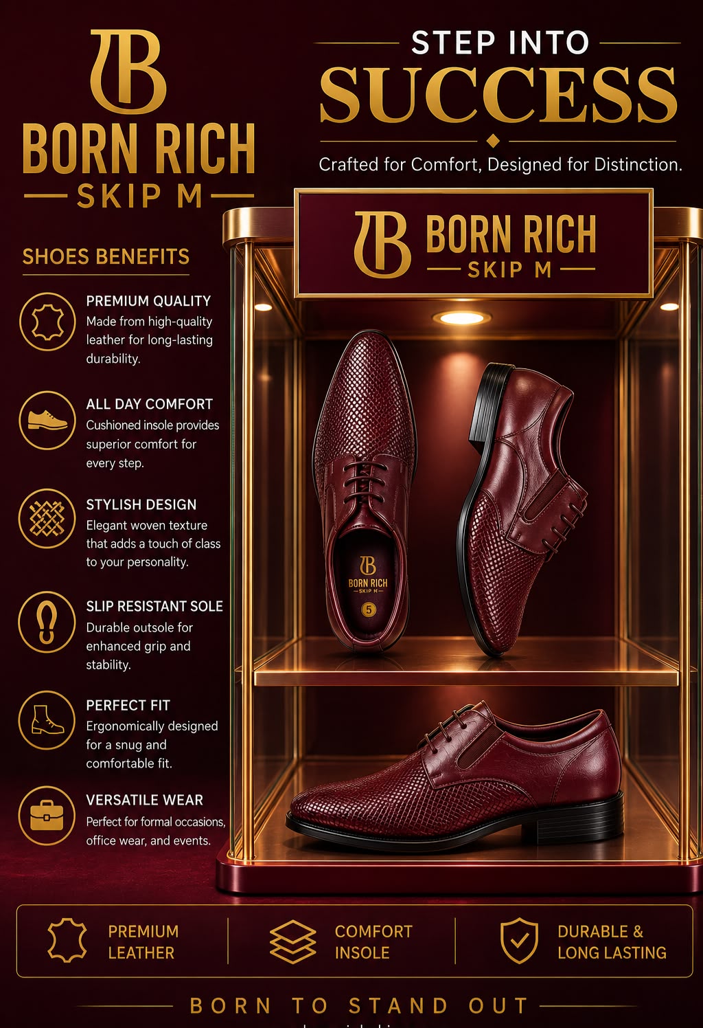 Born Rich Skip M Premium Burgundy Leather Formal Shoes