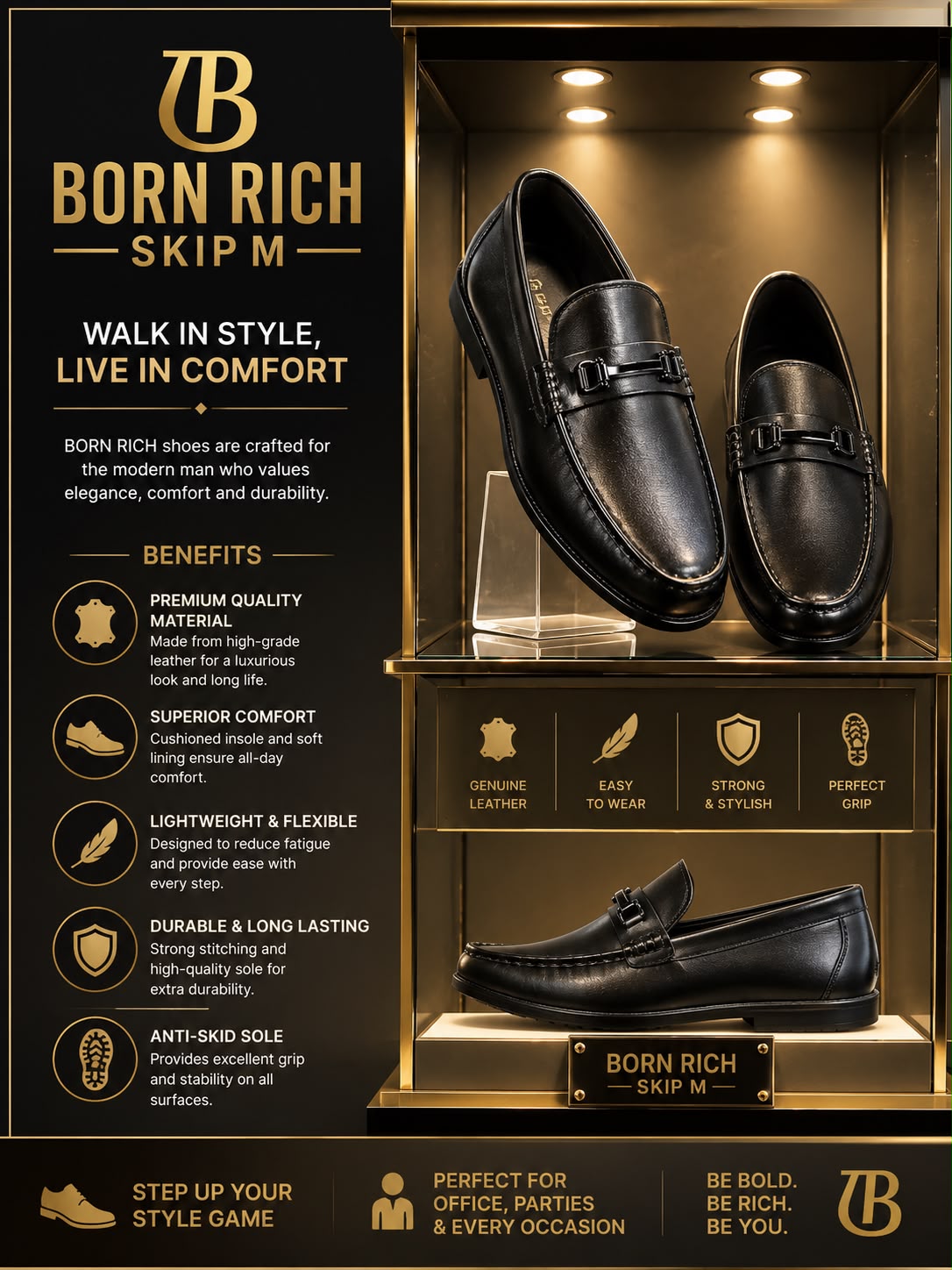Born Rich Premium Genuine Leather Men's Black Loafers – Classic Comfort Formal Shoes