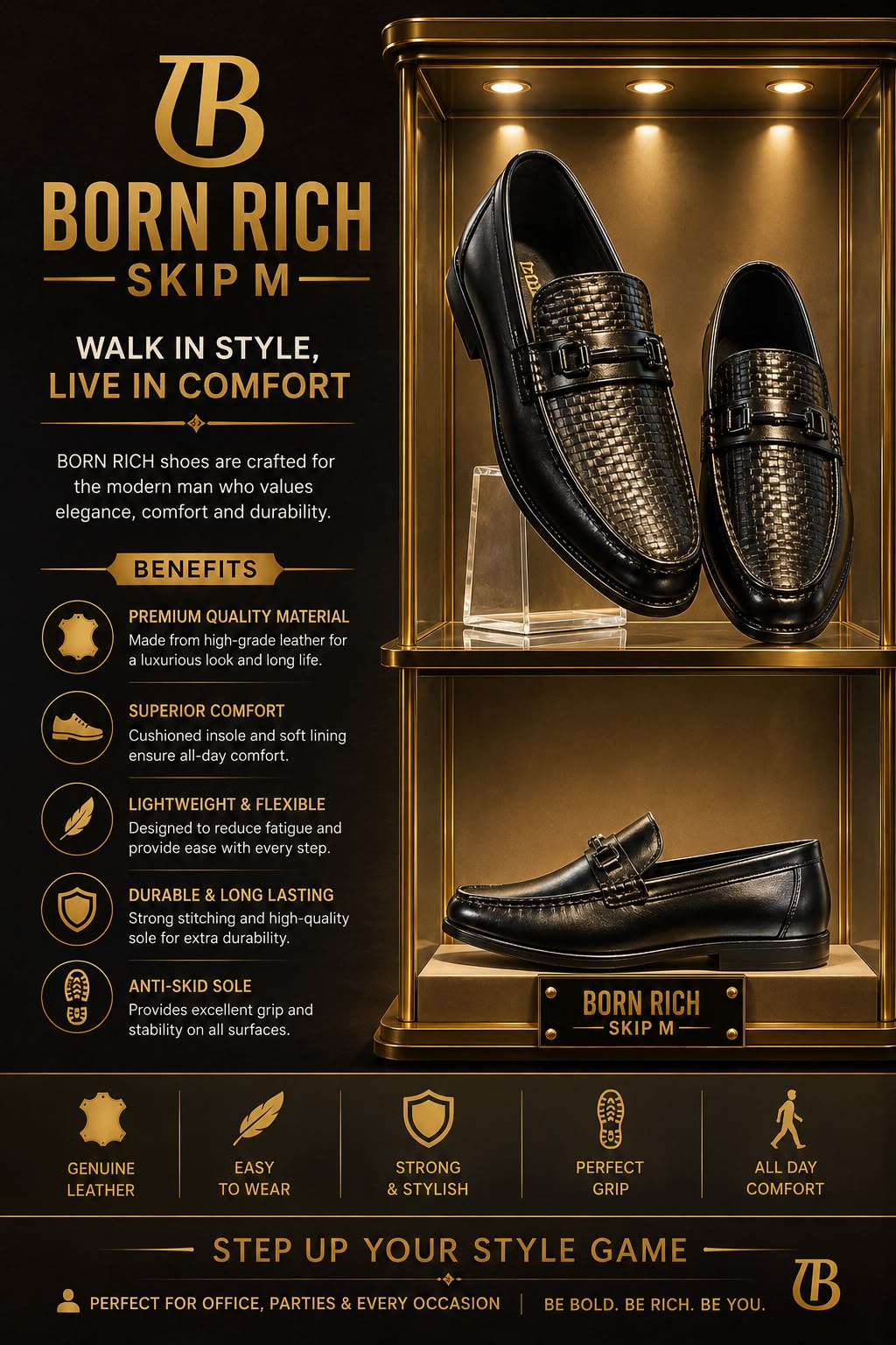 Born Rich Premium Textured Genuine Leather Men's Black Loafers – Luxury Formal Slip-On Shoes
