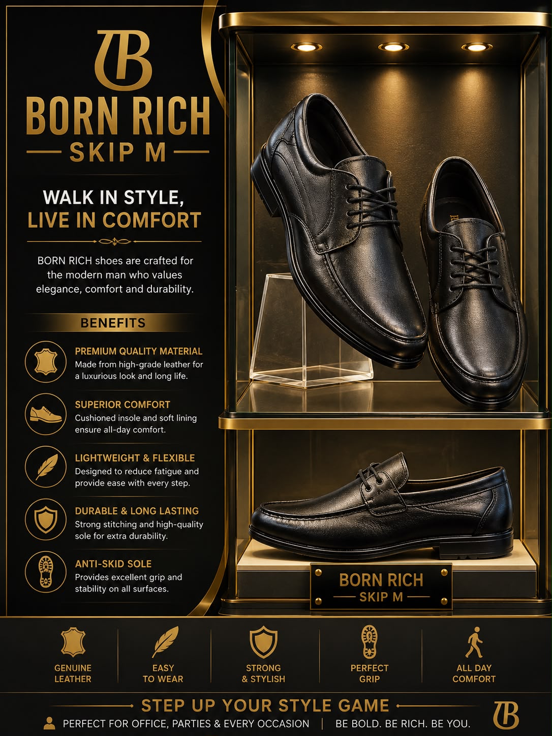 Born Rich Premium Genuine Leather Men's Derby Formal Shoes – Black Lace-Up Office Wear