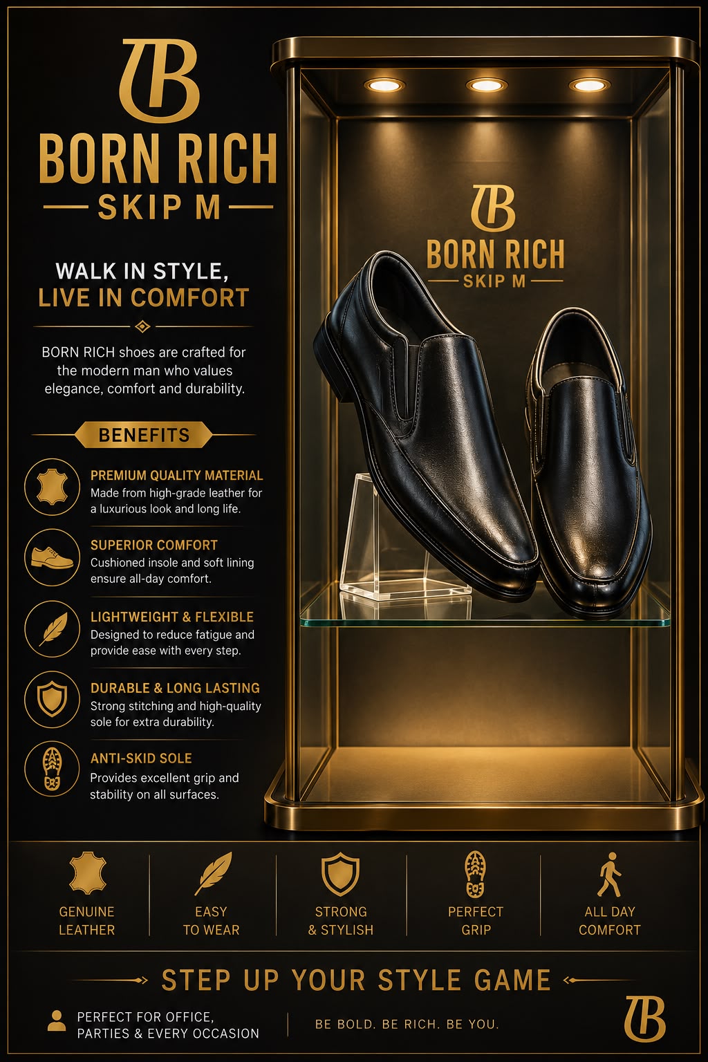 Born Rich Premium Genuine Leather Men's Black Slip-On Dress Shoes – Classic Formal Comfort