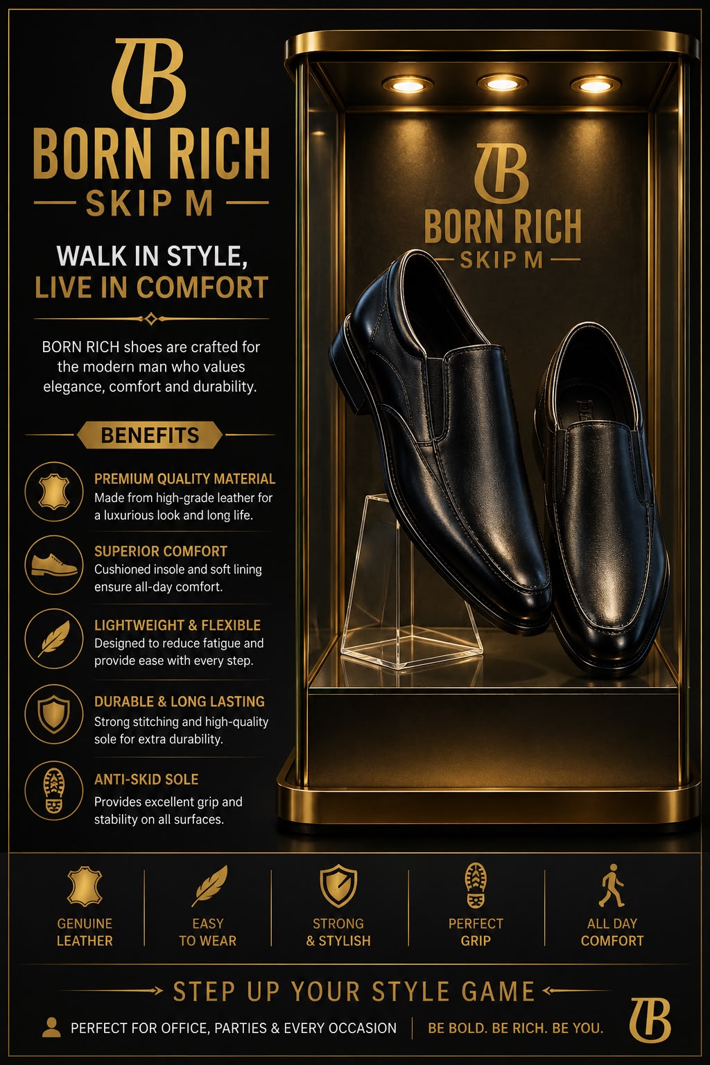 Born Rich Premium Genuine Leather Men's Black Executive Slip-On Formal Shoes
