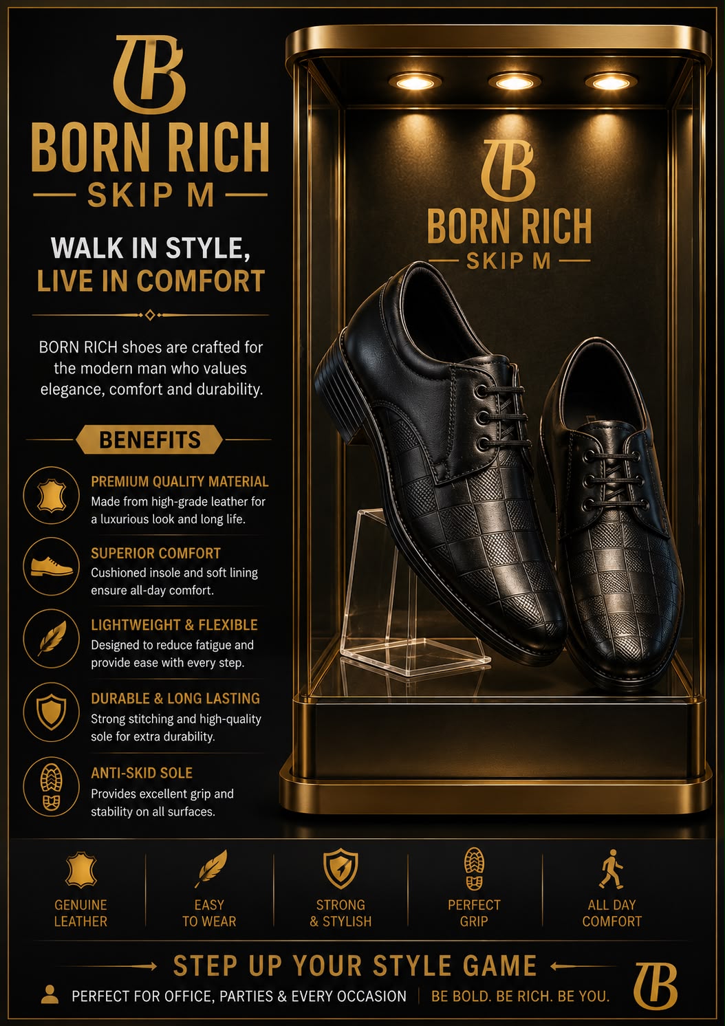 Born Rich Premium Textured Genuine Leather Men's Black Lace-Up Formal Shoes