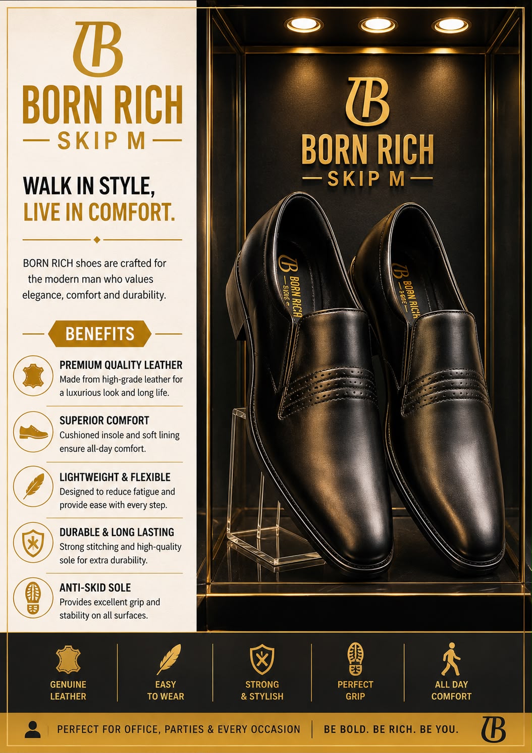 Born Rich Premium Genuine Leather Formal Slip-On Shoes – Black