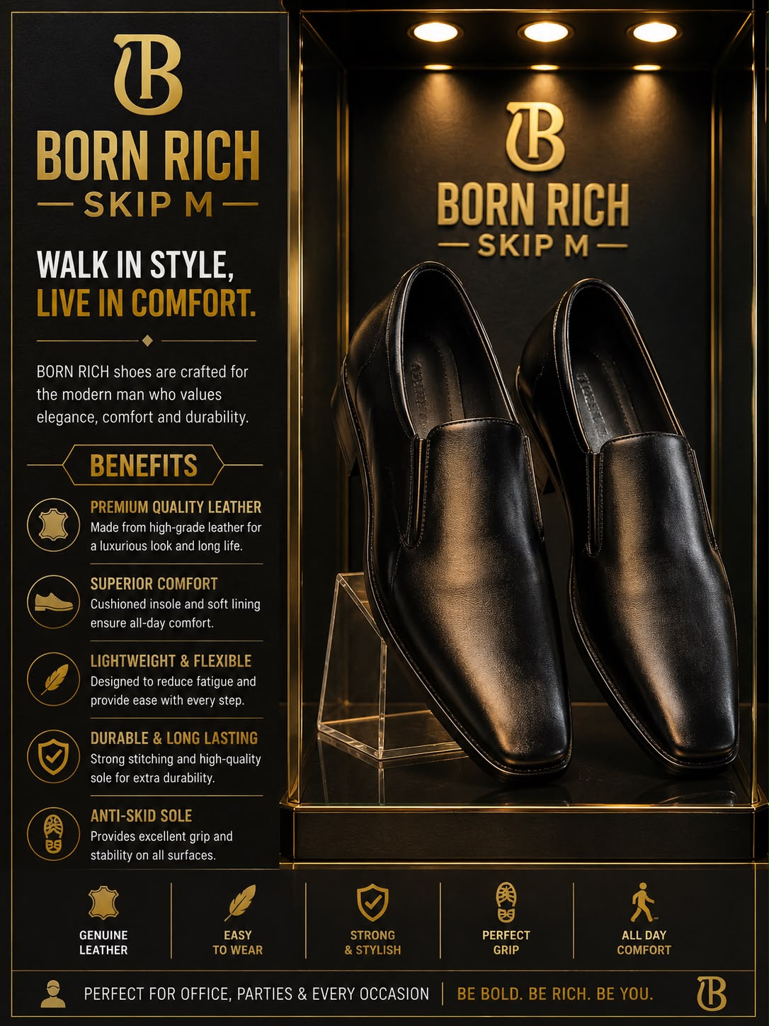 Born Rich Premium Genuine Leather Formal Slip-On Shoes – Classic Black