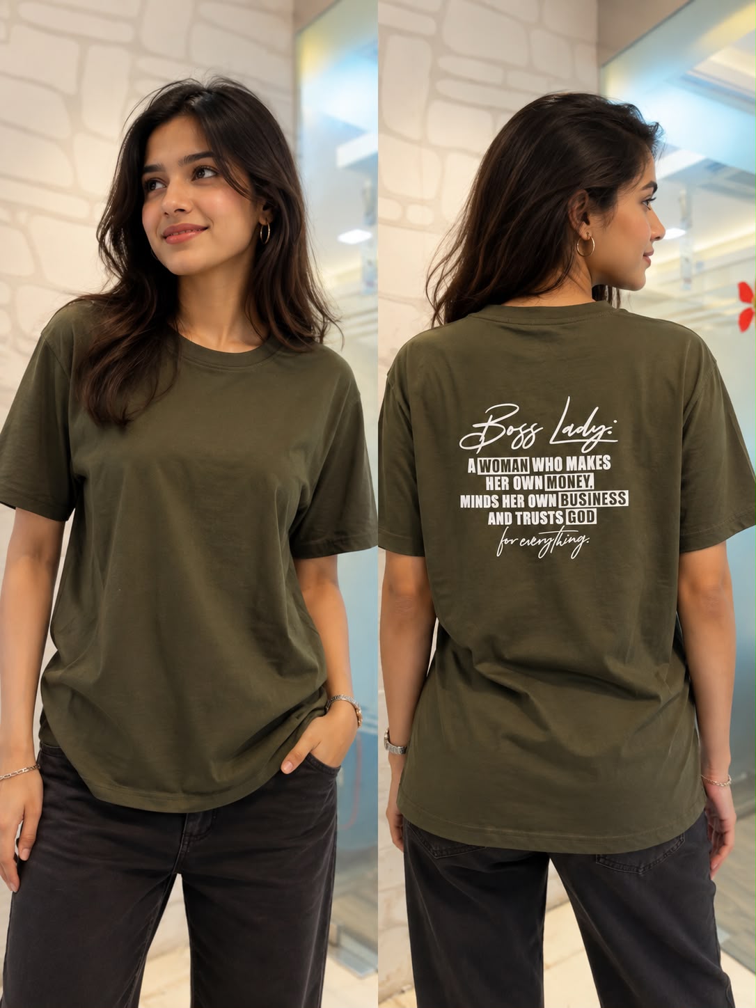 Women’s Olive Green Boss Lady Printed Oversized T-Shirt