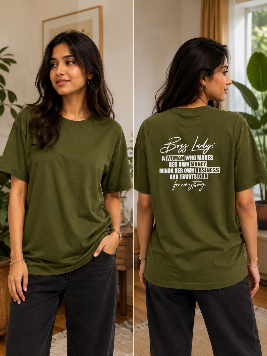 Women’s Olive Green Boss Lady Printed Oversized T-Shirt
