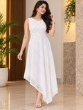 White Sleeveless Eyelet Lace Asymmetric Hem Midi Dress