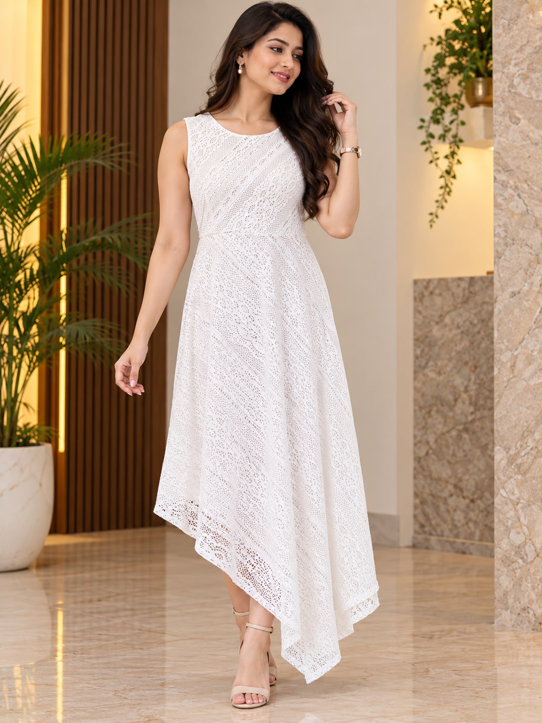 White Sleeveless Eyelet Lace Asymmetric Hem Midi Dress