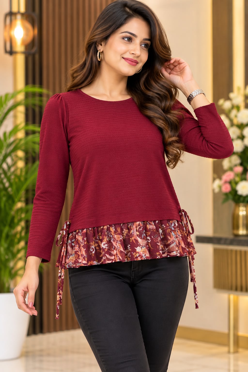 Maroon Floral Ruffle Hem Long-Sleeve Top