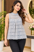 Light Blue Lace Overlay Sleeveless Flared Top