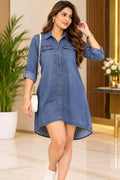 Blue Denim Button-Down High-Low Shirt Dress