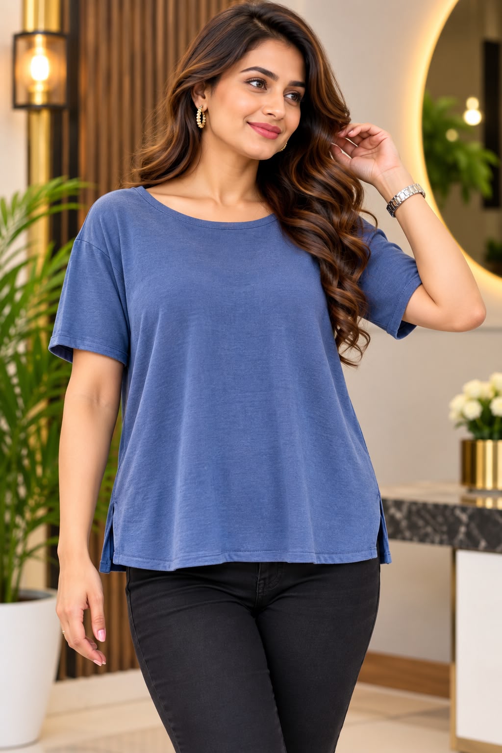 Dusty Blue Oversized Short-Sleeve Casual T-Shirt Top
