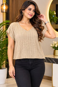 Beige Textured V-Neck Short-Sleeve Casual Top