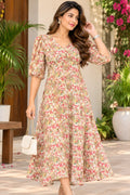 Cream Floral Print V-Neck Midi Fit & Flare Dress